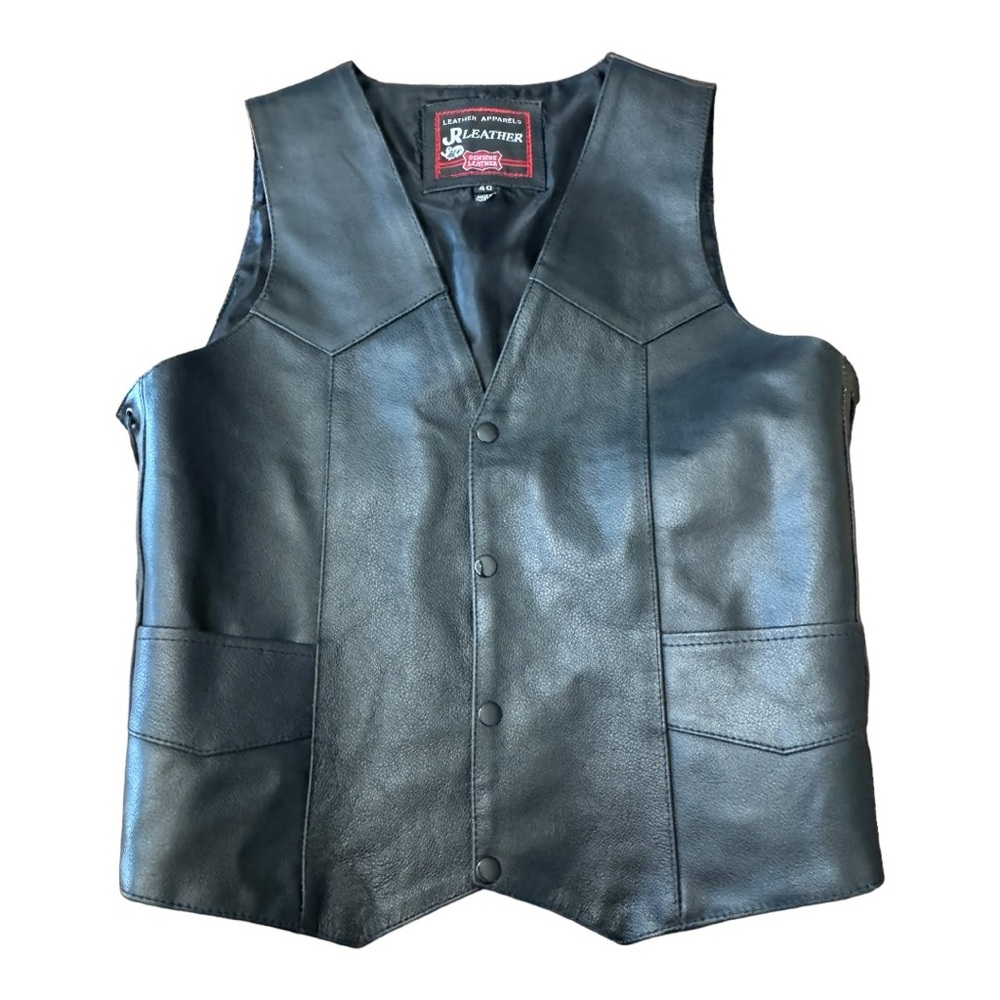 JR Leather Biker Vest Black Snap Front Side Ties Vintage Motorcycle Men’s Sz 40 - Picture 1 of 9